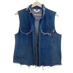 Vintage St. Joanne Womens Fringed Frayed Button Front Denim Vest Size M